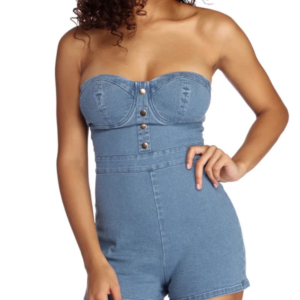 Windsor Strapless Stretch Denim Romper - Medium Blue - Size Large